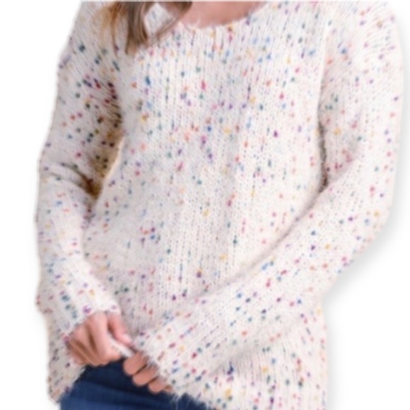 alya Color Flecked Eyelash Knit Sweater Crew Neck White Small - Picture 2 of 11
